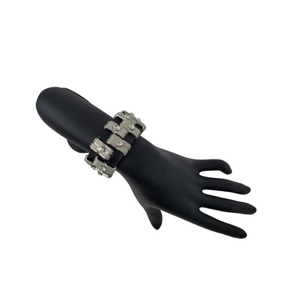 Steampunk Wide Black Leather Bracelet Checker Studded Rhinestone Streetwear - Picture 1 of 8